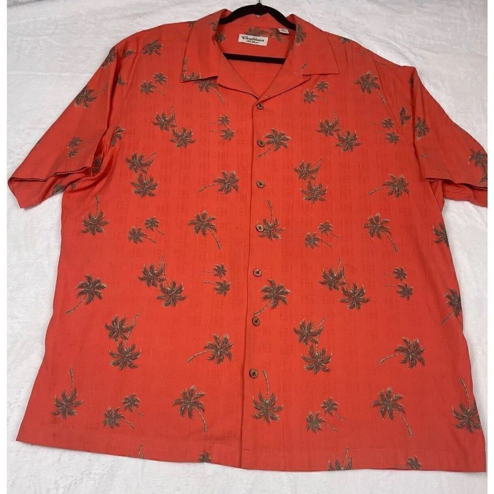 Carribean Button-Up Shirt Men 2X Orange Silk Graphic Print Collared Short Sleeve